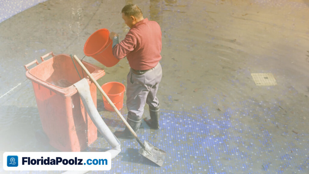 A pool cleaner working at the water's edge with a cart of buckets, a brush and a leaf net.