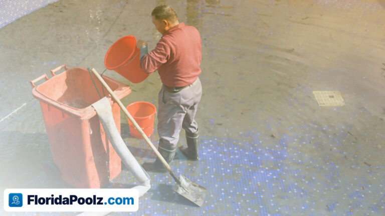 A pool cleaner working at the water's edge with a cart of buckets, a brush and a leaf net.