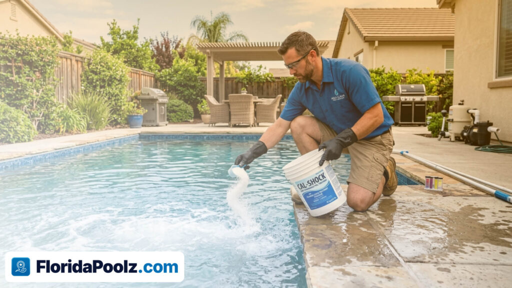 A man pouring granular chlorine shock from a bucket into a swimming pool.