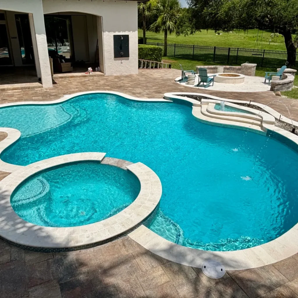 Freeform gunite pool with a raised round spa spilling into the water, surrounded by a travertine patio and outdoor fire pit seating area.