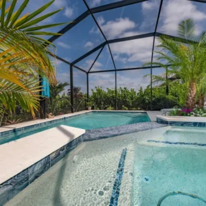 A screened backyard pool with a broad tanning ledge and blue glass-tile waterline, surrounded by palm trees.
