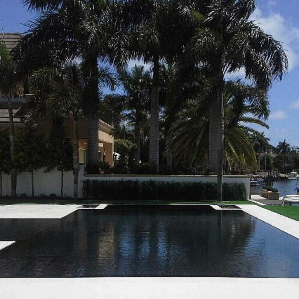 A sleek dark rectangular pool with a paved deck overlooks a canal lined with palm trees.