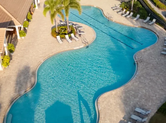 Aerial view of a large freeform resort-style pool with lap lanes surrounded by paver decking and palm trees.