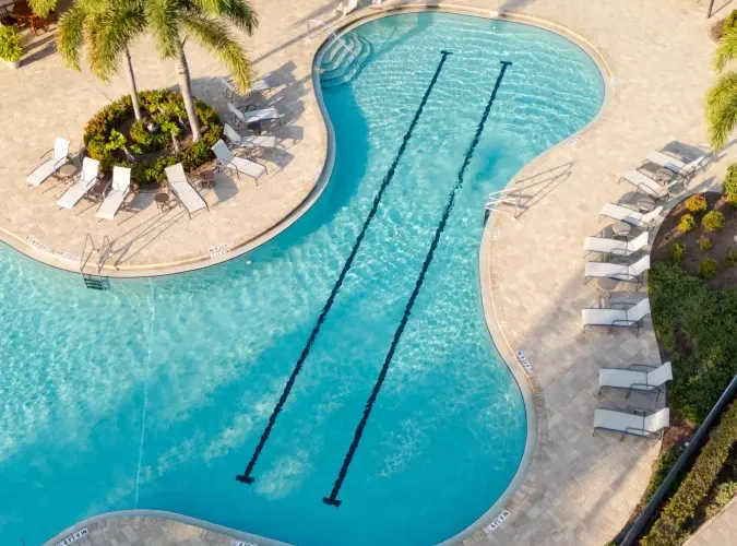 Aerial view of a large freeform resort pool with lap lanes, surrounded by loungers and palm trees.