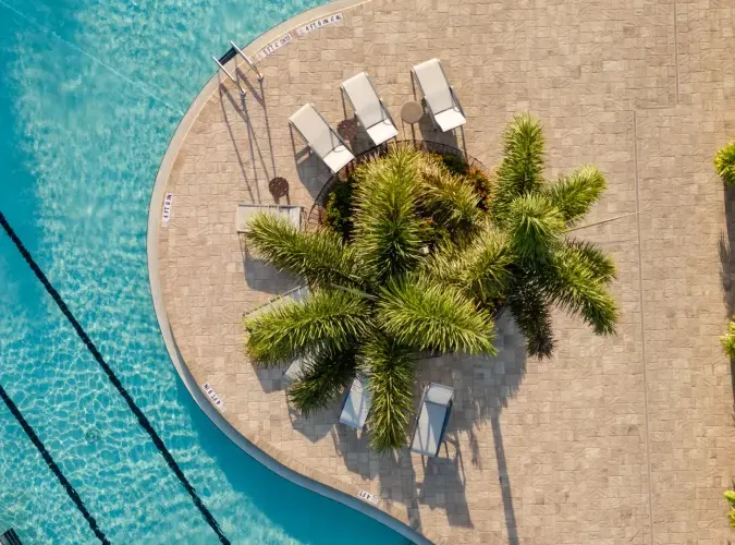 Aerial view of a pool corner with a paved deck, lounge chairs, and palm trees.