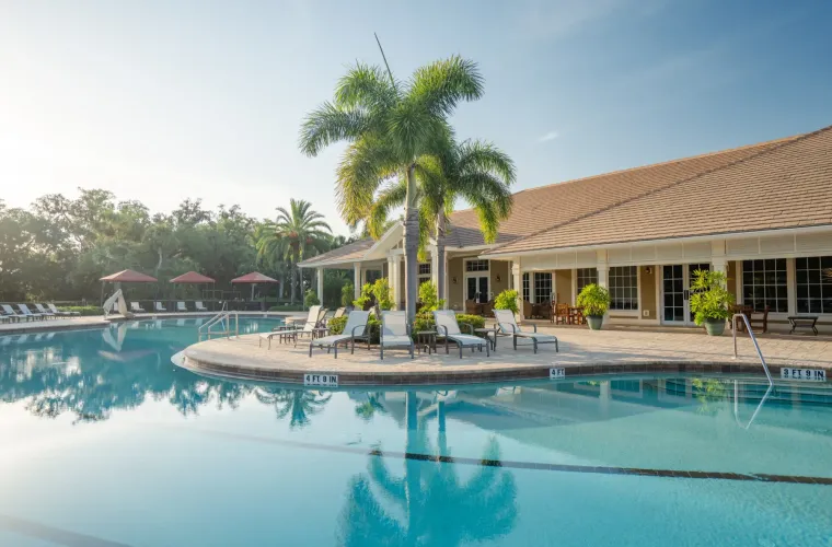 A large freeform resort-style pool with a stone deck, lounge chairs under a palm tree, and a clubhouse building in the background.