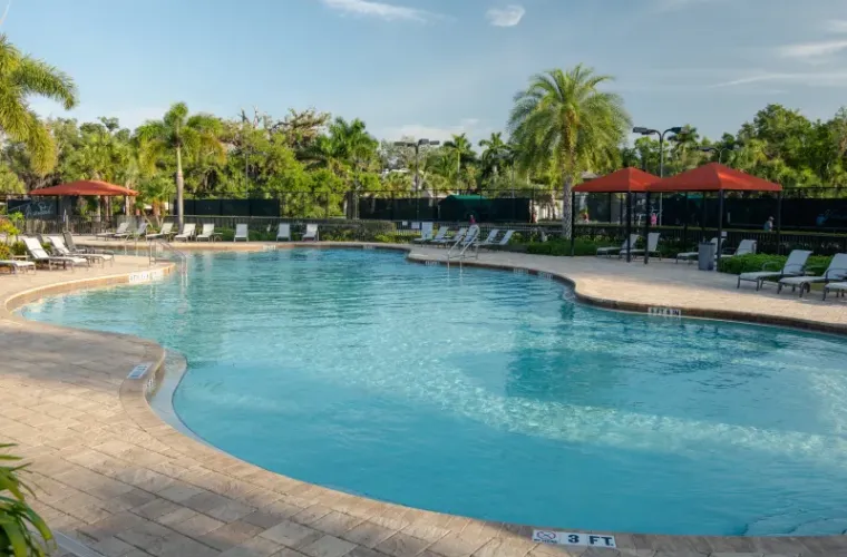 A large freeform resort pool surrounded by lounge chairs, red umbrellas, and palm trees.