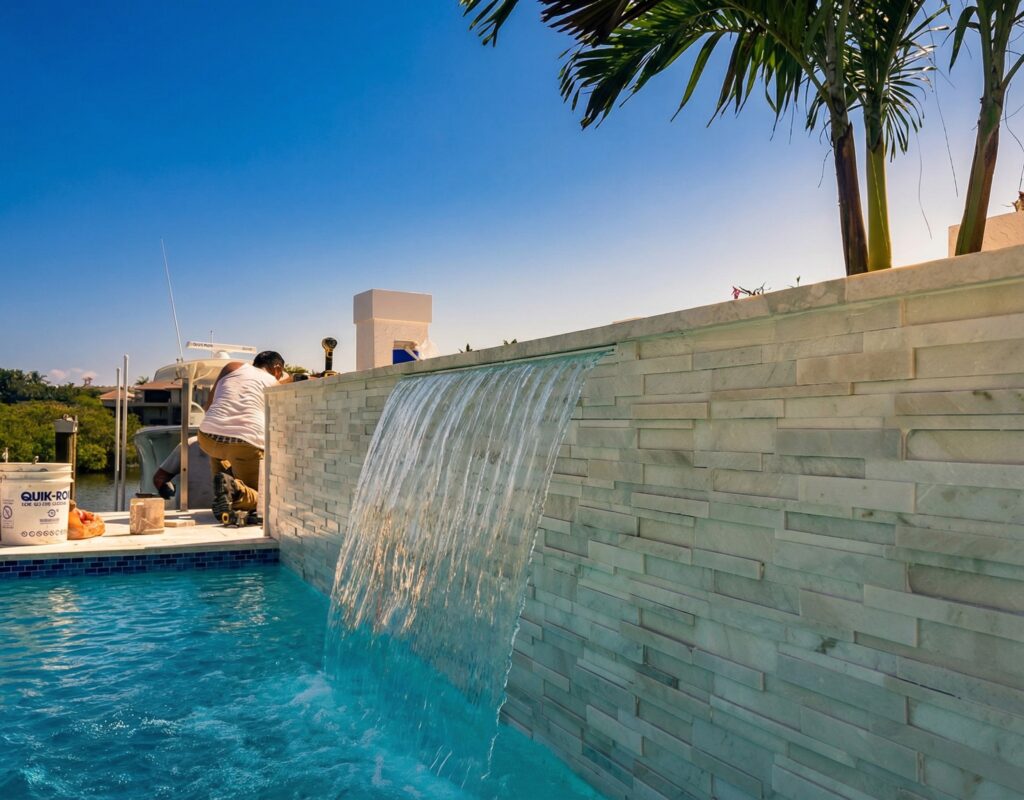 A worker leans over a tall stacked-stone wall with a sheeting waterfall into a pool, with a boat and canal visible behind.