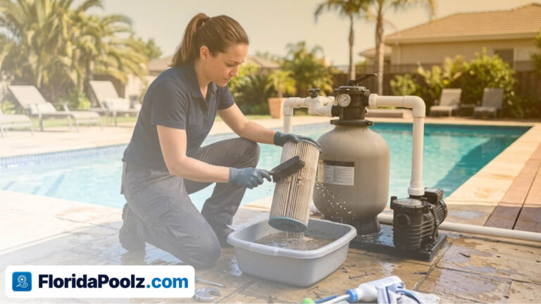 A pool technician kneeling beside a sand filter and pump, rinsing a pleated cartridge filter element over a tub.
