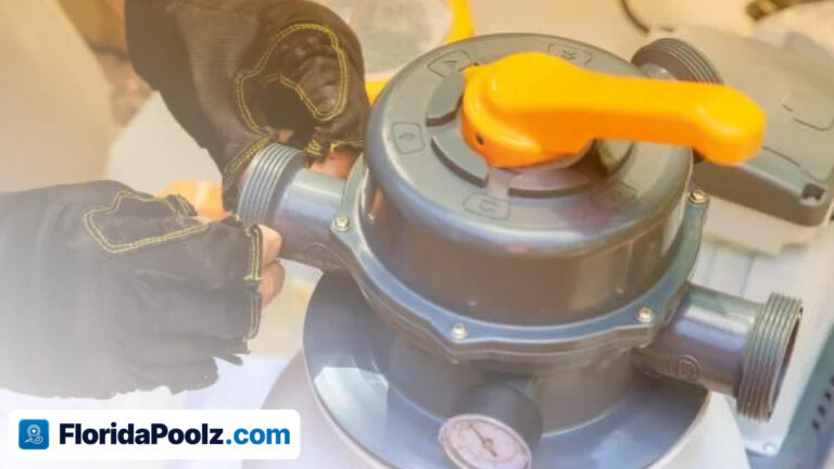 Gloved hands turning the yellow handle of a multiport valve on a pool filter.