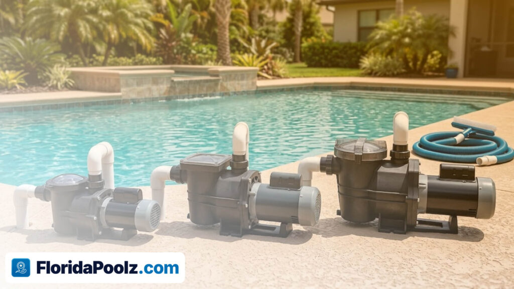 Three pool pumps of different sizes lined up side by side on a pool deck.