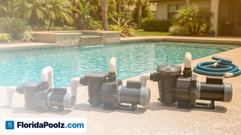 Three pool pumps of different sizes lined up side by side on a pool deck.